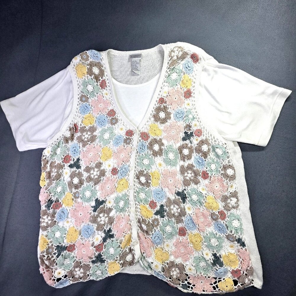 Koret Francisca Sweater Women 2X White Crochet Pastel Floral Vest Top Cottage